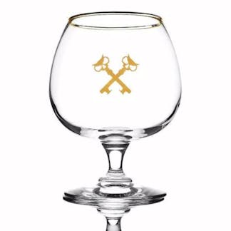 13oz brandy glass that we use for stouts. Gold rim and gold crosskeys