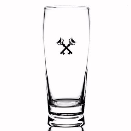 16oz Willie Becher glass that we use for pilsners and lagers. Black crosskeys printed.