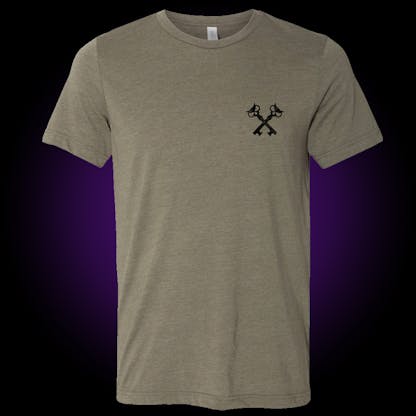 Front of the olive green block tee has our crosskeys in black