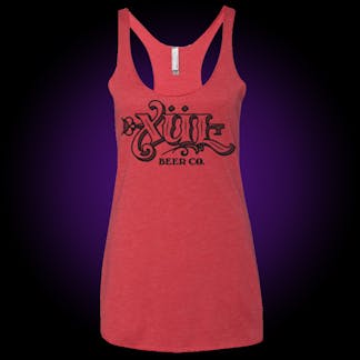 Full logo ladies' tank top in coral red with black print.