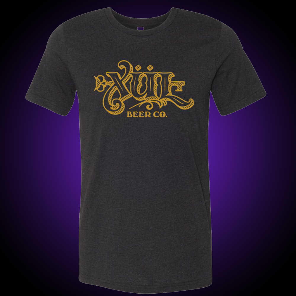 Full logo tee in black with gold print.