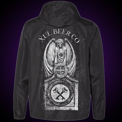 Back of black windbreaker with our tombstone graphic.