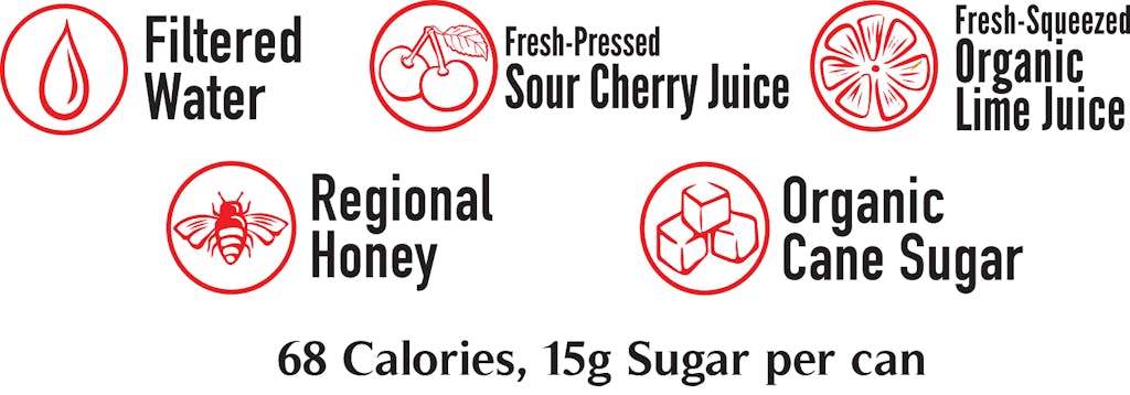 Made with filtered water, fresh-pressed sour cherry juice, fresh-squeezed organic lime juice, regional honey, organic cane sugar. 68 calories, 15g of sugar per can