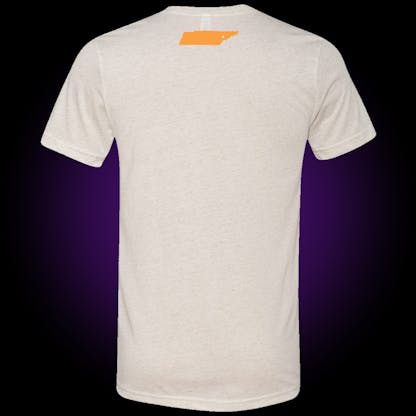 back of white oatmeal tee with an orange silhouette of the state of tennessee with the xul skull logo in it