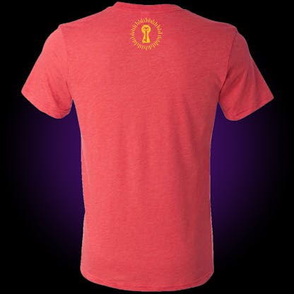 red t-shirt with our burst keyhole logo in yellow