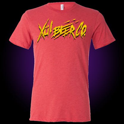 red t-shirt with our thrasher logo in yellow