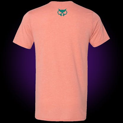 back of circle logo tee in sunset pink shows our skull head in teal