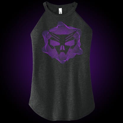 ladies black tank top with our tech noir skull head in a purple sound wave