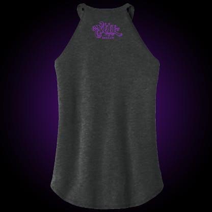 back of ladies black tank top with our full logo in purple between the shoulders