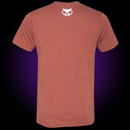 back of clay red tee with an our skull head logo in white between the shoulders