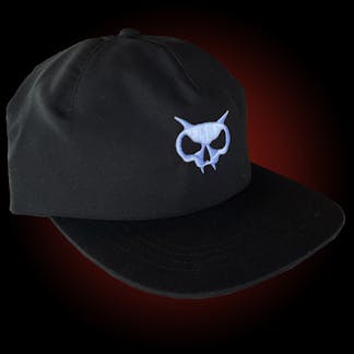 1 panel black hat with our skull logo embroidered in white