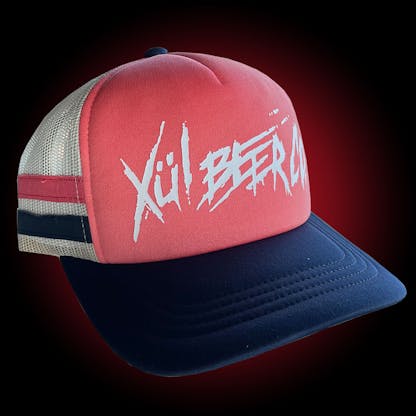 ladies' pink & blue trucker hat with our thrasher logo in white