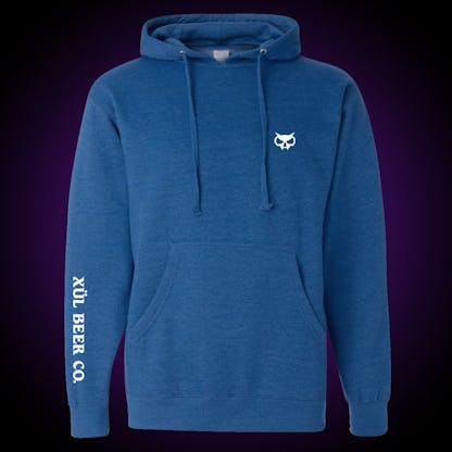 minimalist hoodie in royal heather with the fang head logo on the left chest and xul beer co on the right arm