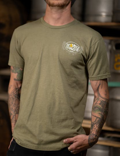 light green t-shirt with Bravery Brewing logo on left chest