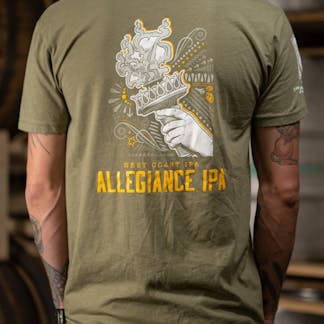 back of green t-shirt with Allegiance IPA design in white and yellow