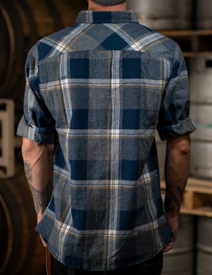 Back of Blue and grey plaid flannel shirt