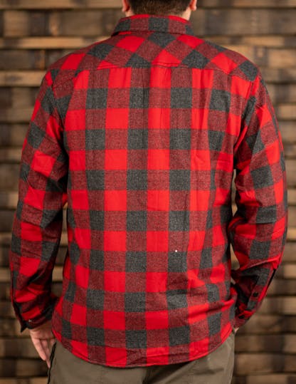 Back of red and black plaid flannel shirt