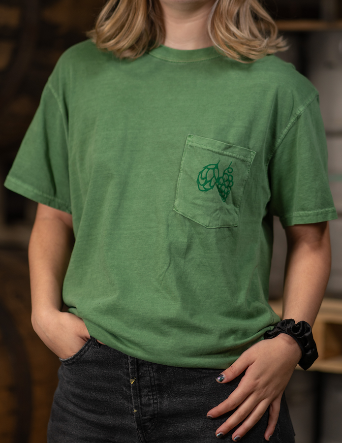 Green pocket tee with hop and grape design on pocket