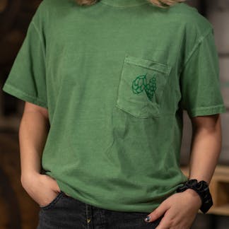 Green pocket tee with hop and grape design on pocket