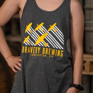 grey women's tank top with "Bravery Brewing Lancaster CA" written in yellow letters under a white and yellow airplane design