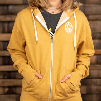 yellow zip-up hoodie with white hop on the front left side