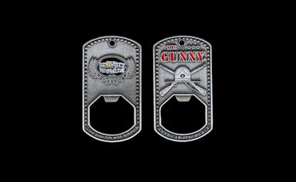 Silver bottle openers with Bravery Brewing logo on one side, and "The Gunny" on the other in red text