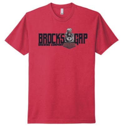 Red t-shirt with black Brock's Gap Brewing Company banner logo with train across front