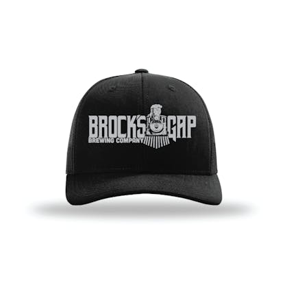 Solid Black Richardson snapback mesh back trucker hat with silver Brock's Gap Brewing Company banner logo with train
