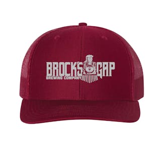 Solid Cardinal Richardson snapback mesh back trucker hat with silver Brock's Gap Brewing Company banner logo with train