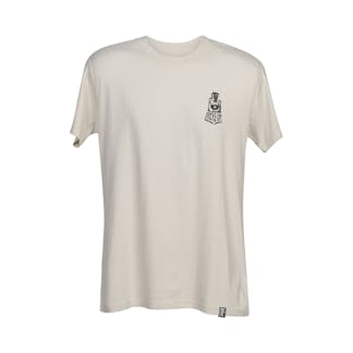 Cream colored shirt with black Brock's Gap Brewing Company train logo on right, and a small black BGBC patch logo tag on bottom right hem