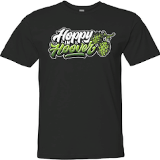 Black t-shirt with the words Hoppy in Hoover in white and green. Two hops hanging to the graffiti styled lettering