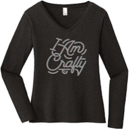 Black long sleeved ladies V-neck with the words I Am Crafty in silver on front in cursive hand lettering