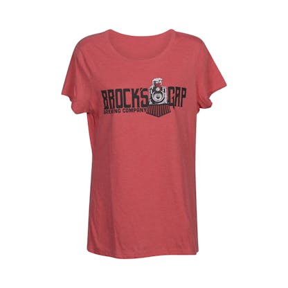 Ladies Red t-shirt with black Brock's Gap Brewing Company banner logo with train across front