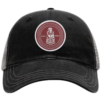 Stone washed gray Richardson with light gray mesh snapback trucker hat with distressed, red, circular train logo with white stitching. Established 2021 on left of train and Hoover, Alabama on right of train