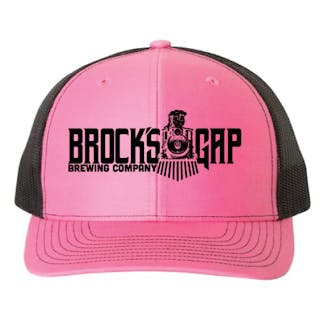 Pink and black mesh snapback Richardson trucker hat with black Brock's Gap Brewing Company Banner logo with train