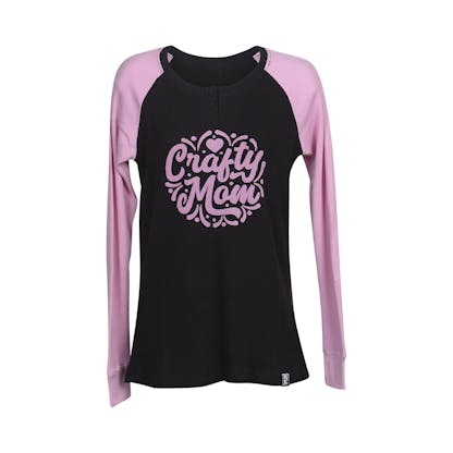 Black and pink waffle long sleeve shirt with the words Crafty Mom in pink with a heart and decorative embellishments through the words. BGBC patch logo on bottom right.