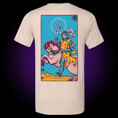 tan shirt with multi-color tarot card that has a knight riding a horse and holding a staff with a skull head