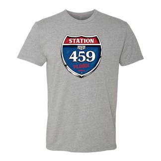 Gray shirt with Red & Blue Station 459 sign logo on front