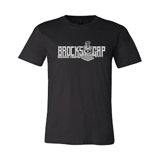 Black t-shirt with silver Brock's Gap Brewing Company banner logo with train across chest