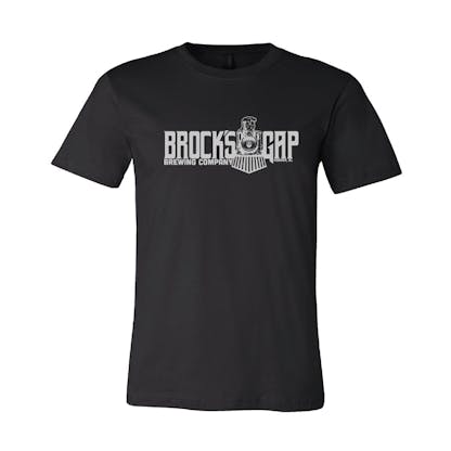 Black t-shirt with silver Brock's Gap Brewing Company banner logo with train across chest