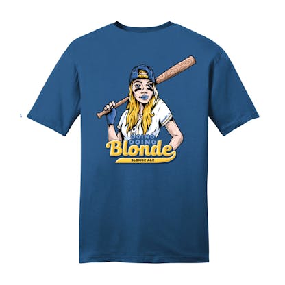 Blue shirt with Blonde female baseball player on back