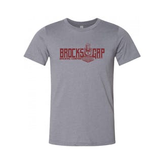 Gray t-shirt with cardinal Brock's Gap Brewing Company banner logo with train across chest