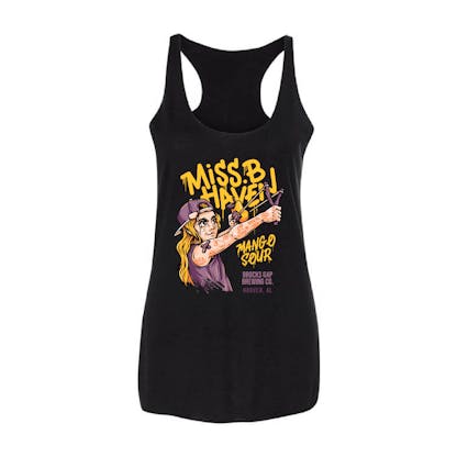 Black ladies racerback tank with Miss B Haven in yellow and purple across front