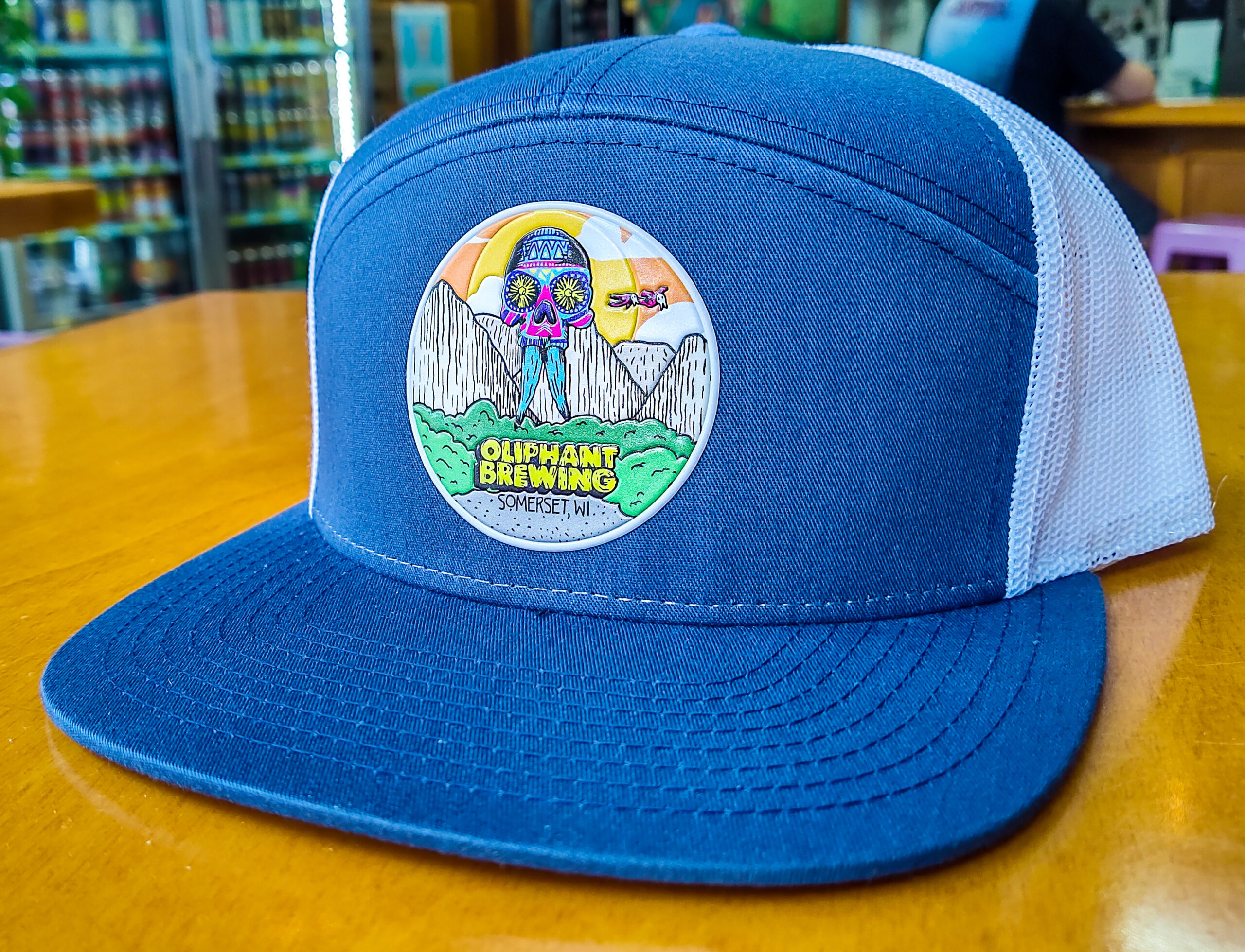 a 7-Panel Richardson Hat in Navy and White with Oliphant Brewing Patch