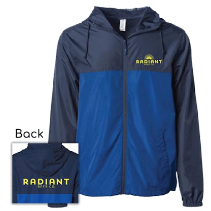 Navy and blue rain jacket with Radiant Beer Co. Logo