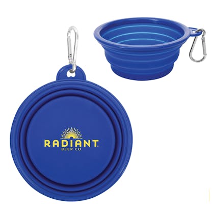 blue travel dog bowl with yellow radiant logo