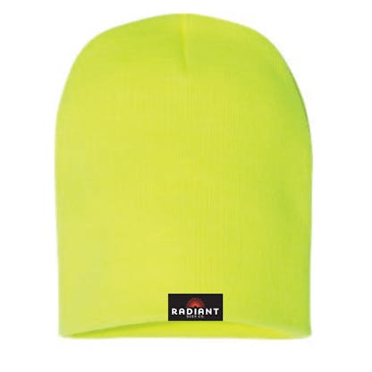 Neon yellow beanie with Radiant logo on tag