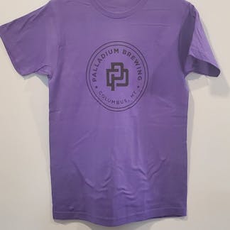 Purple t-shirt with Palladium Brewing badge logo.