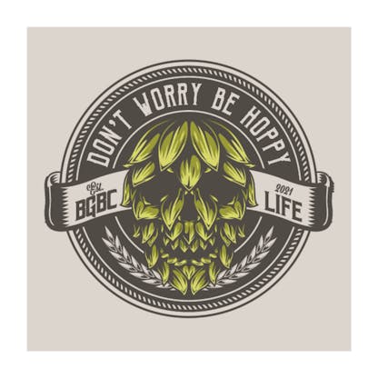 Black circular emblem with the words Don't Worry Be Hoppy in cream above a green hop with a skeleton face. A banner runs behind the skeleton hop head with Established 2021 BGBC Life. Two pieces of barley sit underneath the head arching up. Graphic takes up large part of the back of shirt
