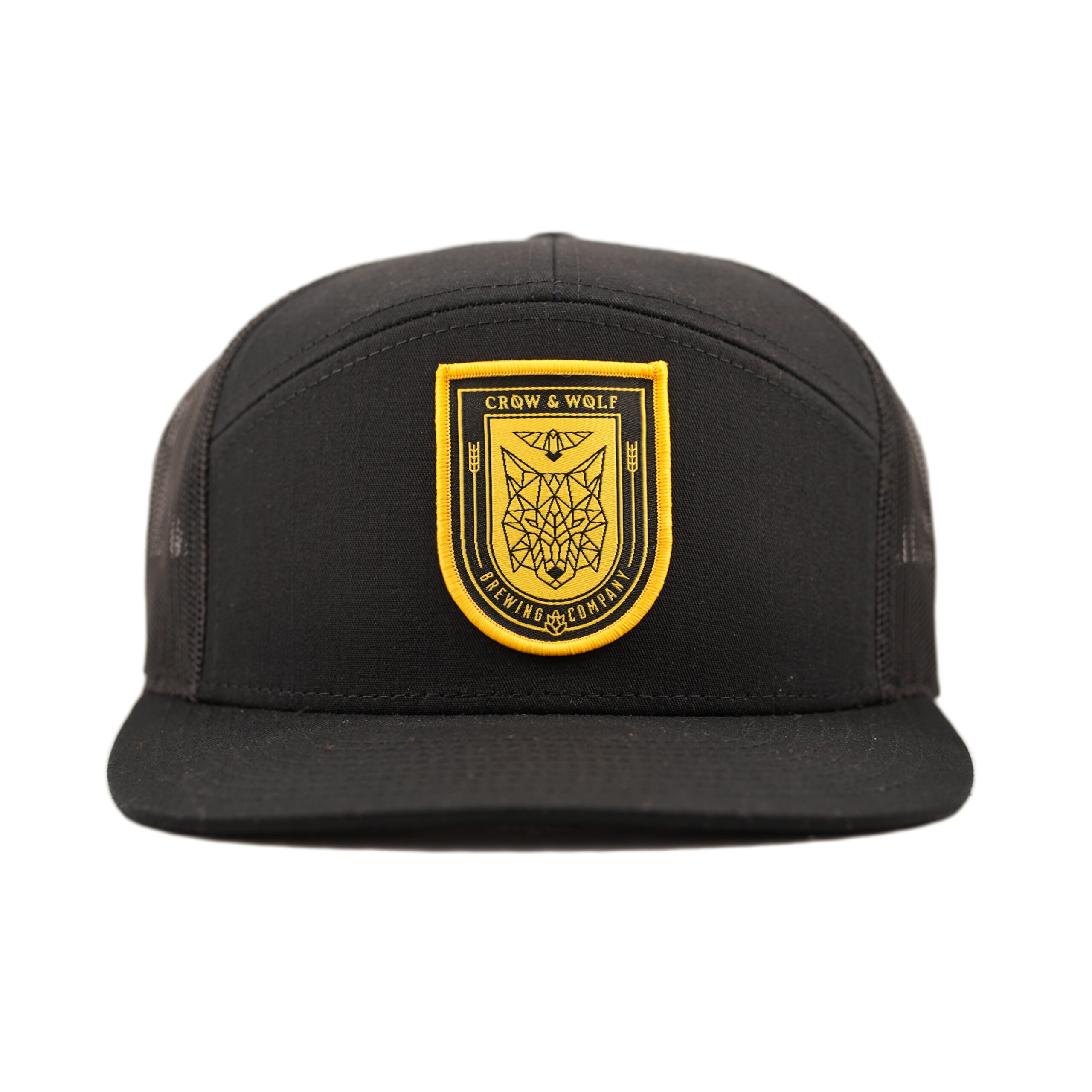 Panel Hat with mesh back and Crow and Wolf shield badge on front and front angle